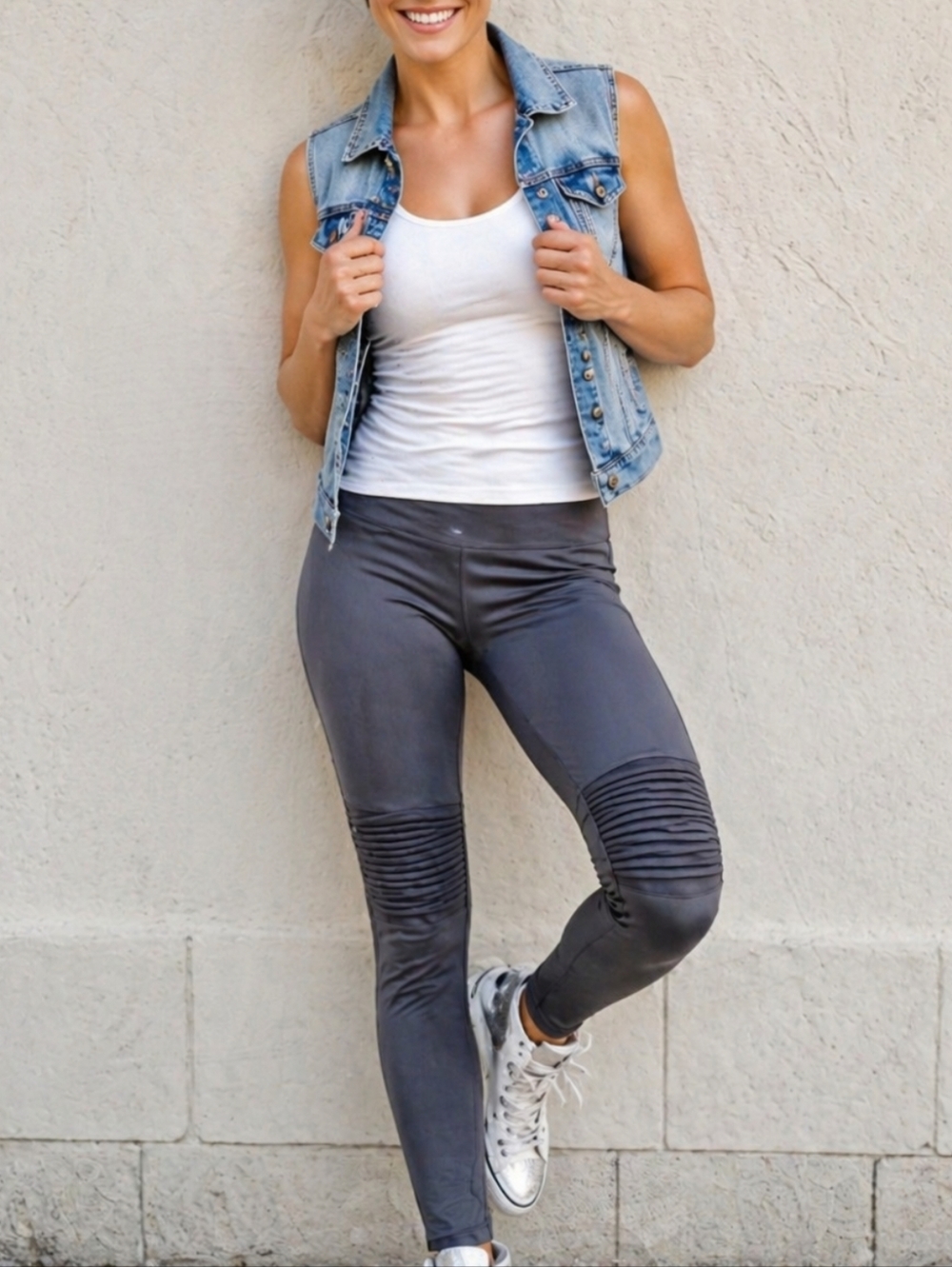 FREE PEOPLE OLYMPIA Womens Gray Moto-Style Active Leggings with Gray Waistband